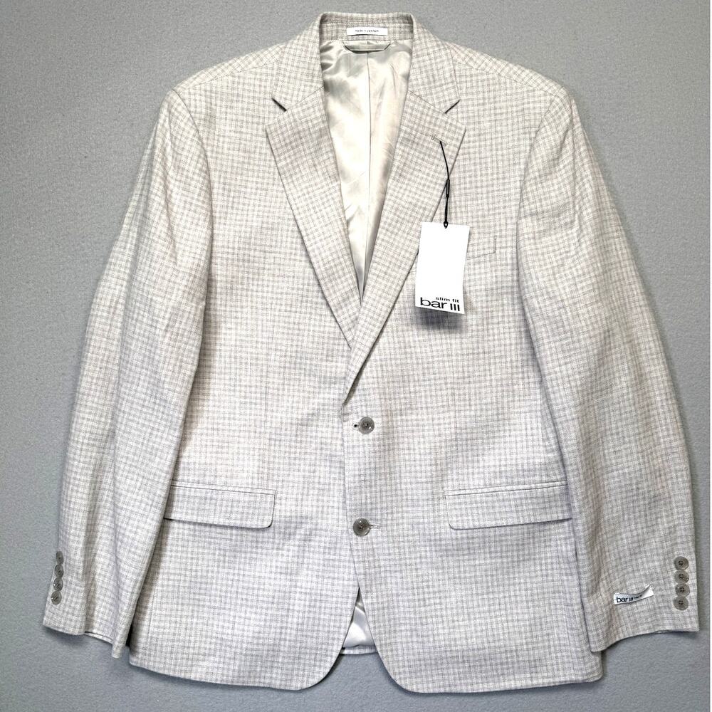 Bar III Men's Slim-Fit Linen Plaid Sport Coat Natural Grey 42R $295